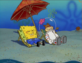Sandy and SpongeBob soaking up the sun.
