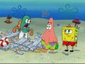 SpongeBob and Patrick next to a broken lifeguard post.